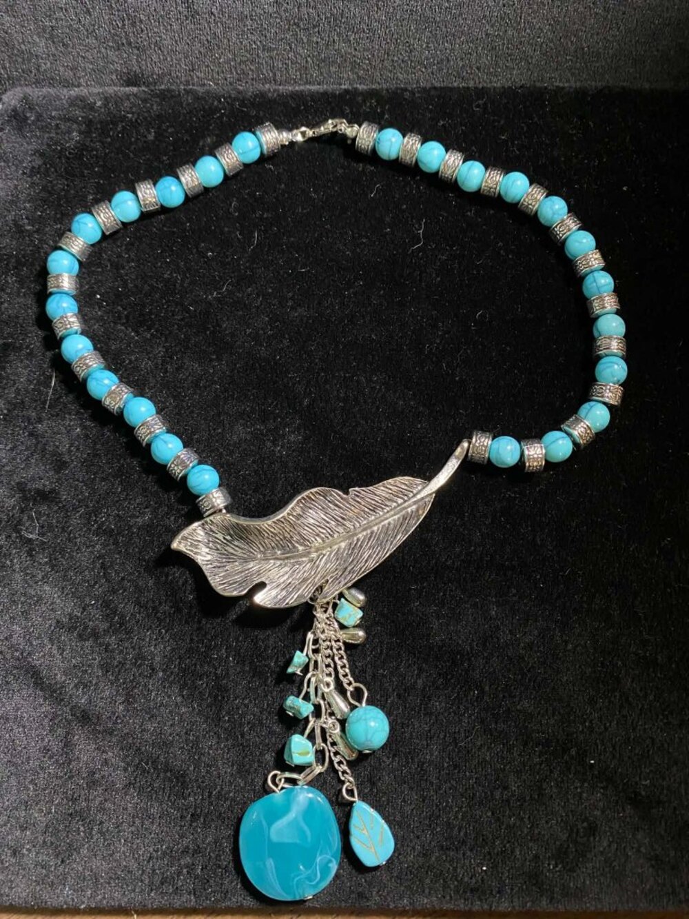 Vintage Inspired Boho Turquoise coloured beads Silver tone Feather Dangling Bead